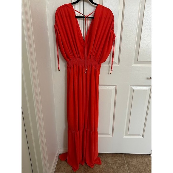MILVA-MI‎ Italy Red Tiered Maxi DressSmocked Waist V-Neck Boho GownSize 10